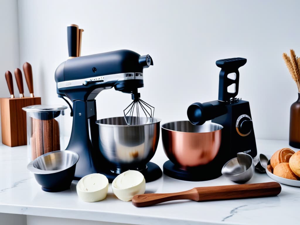  A pristine, sleek white marble countertop adorned with an array of luxurious highend baking tools and equipment meticulously arranged. A stateoftheart stand mixer in a chic matte black finish takes center stage, surrounded by gleaming copper measuring cups, a set of precision stainless steel mixing bowls, and an elegant marble rolling pin. The soft natural light filtering in highlights the impeccable craftsmanship of each tool, creating a visually stunning and aspirational scene for any budding pastry chef. hyperrealistic, full body, detailed clothing, highly detailed, cinematic lighting, stunningly beautiful, intricate, sharp focus, f/1. 8, 85mm, (centered image composition), (professionally color graded), ((bright soft diffused light)), volumetric fog, trending on instagram, trending on tumblr, HDR 4K, 8K