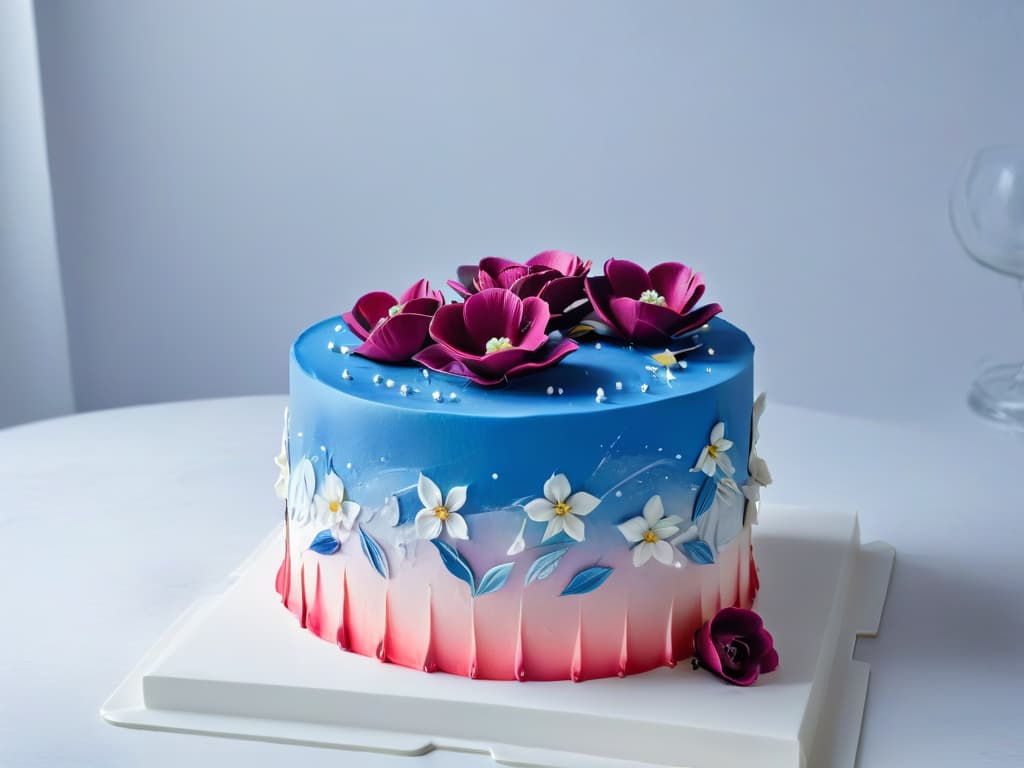  A minimalist cake covered in smooth white fondant, adorned with intricate edible sugar flowers in vibrant shades of pink, purple, and blue. The cake sits on a sleek, marblefinished cake stand, against a backdrop of soft, diffused lighting that highlights the delicate details of the fondant work and the realistic texture of the sugar flowers. hyperrealistic, full body, detailed clothing, highly detailed, cinematic lighting, stunningly beautiful, intricate, sharp focus, f/1. 8, 85mm, (centered image composition), (professionally color graded), ((bright soft diffused light)), volumetric fog, trending on instagram, trending on tumblr, HDR 4K, 8K