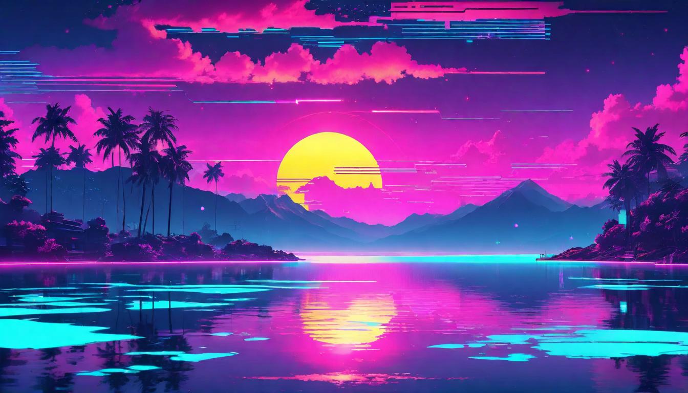  vaporwave,cyberpunk game style A twilight sky, a dance of light and shadow over a serene lake, the paradox of suffering and solace intertwined, tranquil yet profoundeon, dystopian, futuristic, digital, vibrant, detailed, high contrast, reminiscent of cyberpunk genre video games,retro aesthetic, cyberpunk, vibrant, neon colors, vintage 80s and 90s style, highly detailed