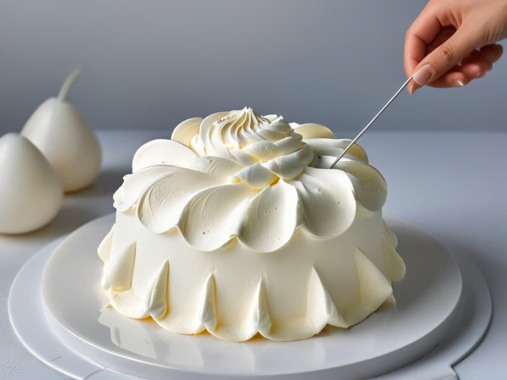  A closeup, ultradetailed image of a glossy, stiff peak of white meringue forming on a whisk, showcasing the perfect texture achieved through precise temperature control and expert whisking technique. The pristine white peaks glisten under a soft, diffused light, highlighting the intricacies of the velvety texture and the subtle ridges created by the whisking process. This minimalist image captures the essence of meringue preparation, evoking a sense of precision and artistry in the delicate culinary craft. hyperrealistic, full body, detailed clothing, highly detailed, cinematic lighting, stunningly beautiful, intricate, sharp focus, f/1. 8, 85mm, (centered image composition), (professionally color graded), ((bright soft diffused light)), volumetric fog, trending on instagram, trending on tumblr, HDR 4K, 8K