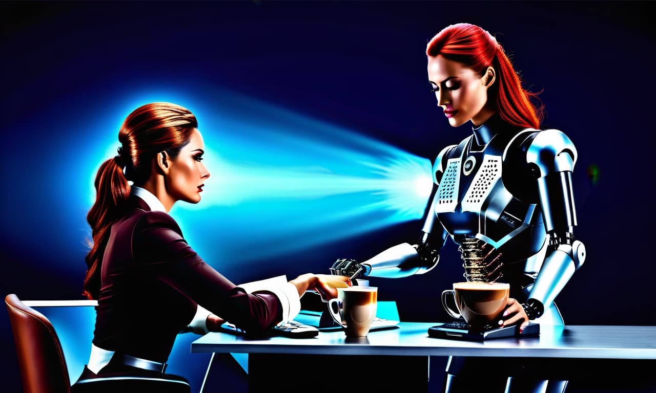  Advertising poster style a robot servant brought coffee to a girl working at a computer . Professional, modern, product focused, commercial, eye catching, highly detailed hyperrealistic, full body, detailed clothing, highly detailed, cinematic lighting, stunningly beautiful, intricate, sharp focus, f/1. 8, 85mm, (centered image composition), (professionally color graded), ((bright soft diffused light)), volumetric fog, trending on instagram, trending on tumblr, HDR 4K, 8K