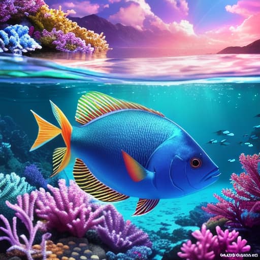  A fish who lives in a mystical ocean Oceanic Blues, Rainbow Radiance, Soft and Dreamy hyperrealistic, full body, detailed clothing, highly detailed, cinematic lighting, stunningly beautiful, intricate, sharp focus, f/1. 8, 85mm, (centered image composition), (professionally color graded), ((bright soft diffused light)), volumetric fog, trending on instagram, trending on tumblr, HDR 4K, 8K