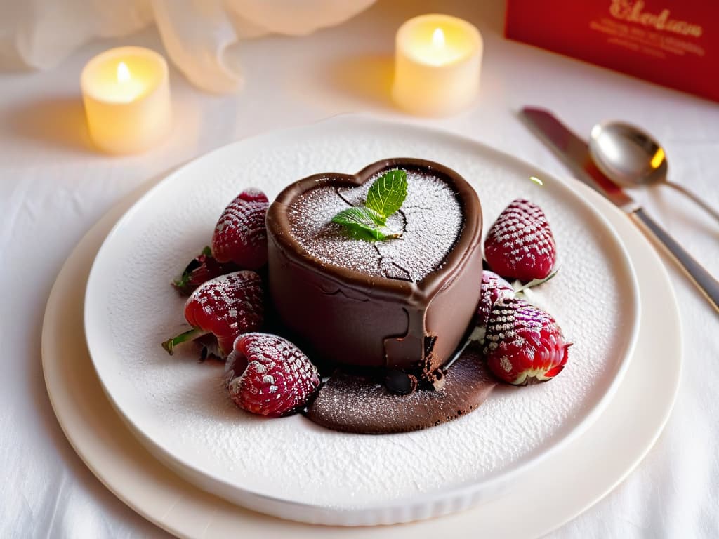  A minimalistic image of a heartshaped chocolate lava cake dusted with powdered sugar, placed on a white plate garnished with fresh raspberries and a mint leaf, set against a softfocus background of a cozy candlelit dining table. hyperrealistic, full body, detailed clothing, highly detailed, cinematic lighting, stunningly beautiful, intricate, sharp focus, f/1. 8, 85mm, (centered image composition), (professionally color graded), ((bright soft diffused light)), volumetric fog, trending on instagram, trending on tumblr, HDR 4K, 8K