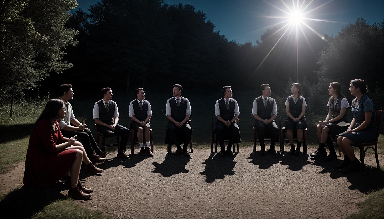  cinematic, aesthetic, Group of people seated in a circle, animated discussion, engaged expressions, connection, community growth, 4k, HDR, lens flare