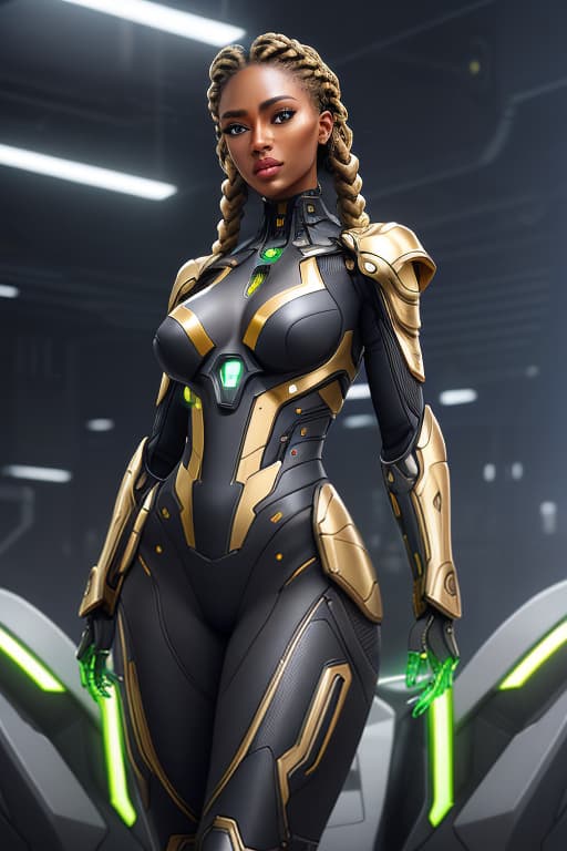  cgmech, beautiful eyes, portrait, robot, armor, black zulu women, african, neon light, 8K, RAW, best quality, masterpiece, ultra high res, colorful, (medium wide shot), (dynamic perspective), sharp focus , (depth of field, bokeh:1.3), extremely detailed eyes and face, beautiful detailed eyes,(grey gold, trimmed gear:1.2),(In a futuristic weapons factory:1.2), ((masterpiece, best quality)), <lora:more details:0.3> Detailed background, spaceship interior <lora:Niji:0.5> , braids hair, hyperrealistic, full body, detailed clothing, highly detailed, cinematic lighting, stunningly beautiful, intricate, sharp focus, f/1. 8, 85mm, (centered image composition), (professionally color graded), ((bright soft diffused light)), volumetric fog, trending on instagram, trending on tumblr, HDR 4K, 8K
