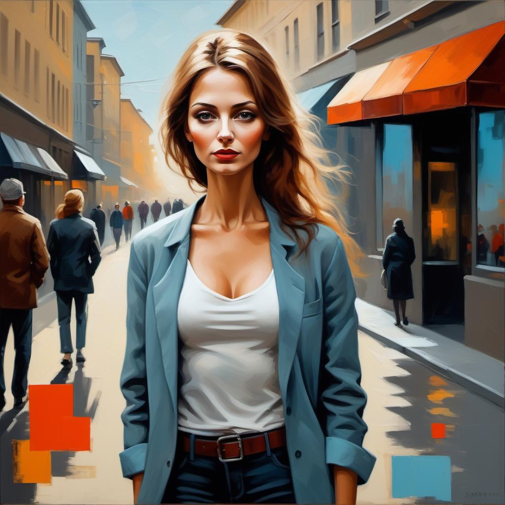  A woman on the street, a high-quality acrylic painting, digital art in the style of Valery Barykin.