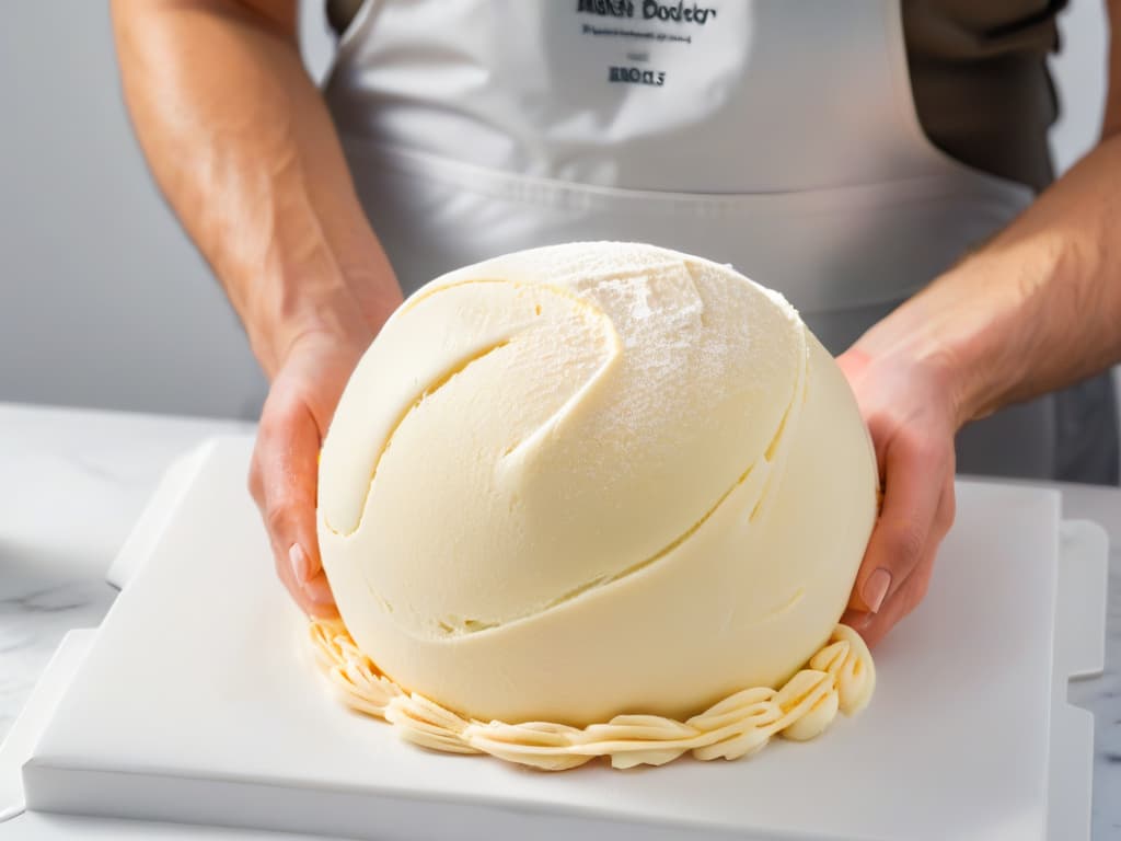  A closeup, ultradetailed image of a baker's hands delicately kneading a ball of glutenous dough on a sleek, white marble countertop. The hands are expertly shaping the dough, showcasing the intricate textures and elasticity of gluten strands being manipulated. The minimalistic aesthetic highlights the artistry and precision required in gluten management for perfect pastry textures. hyperrealistic, full body, detailed clothing, highly detailed, cinematic lighting, stunningly beautiful, intricate, sharp focus, f/1. 8, 85mm, (centered image composition), (professionally color graded), ((bright soft diffused light)), volumetric fog, trending on instagram, trending on tumblr, HDR 4K, 8K