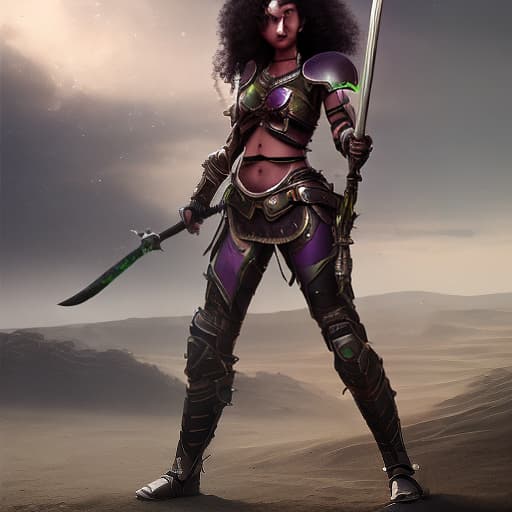 redshift style Warhammer girl in armour with a chainsword Purple curly hair Tan skin color Green and brown eyes