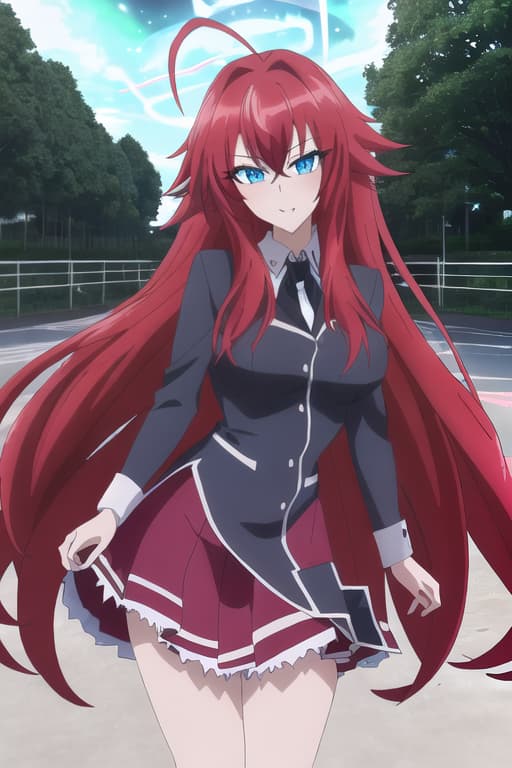  hisuian zoroark looking at you full body human,masterpiece, best quality, 1women, long red hair, looking at viewer, :3, cute, black school uniform, outdoors, streets, cowboy shot, curvy, (((blue eyes))), rias gremory, red hair, antenna hair, wavy hair, ((beautiful detailed eyes, beautiful detailed glow, lots of glow)), anime screencap