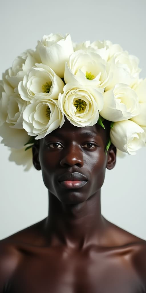  good quality, high quality, a young man stands in front of a large bouquet of white flowers. the flowers are arranged in a way that they cover his head and neck, creating a striking contrast between his dark skin and the bright