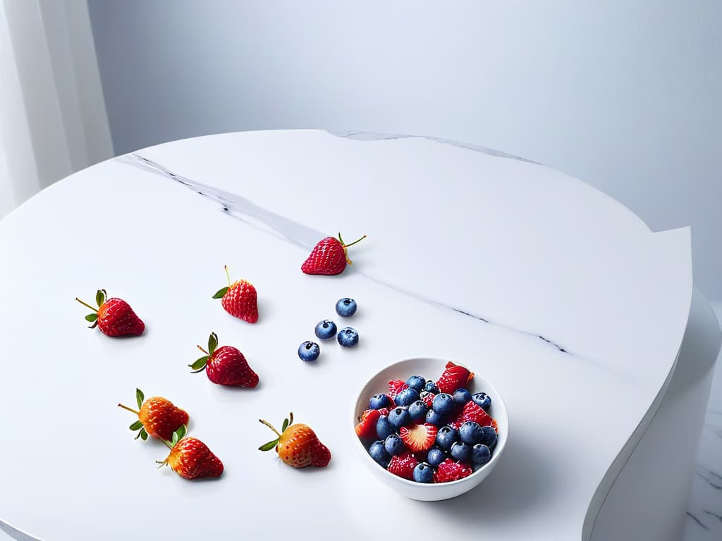  A minimalist, highly detailed image of a pristine white marble countertop, adorned with a scattering of vibrant, freshly picked berries glossy strawberries, plump blueberries, and radiant raspberries each one reflecting the soft, natural light filtering in from a nearby window. The fruits are arranged artfully, creating a visually striking contrast against the cool, smooth surface, inviting the viewer to imagine the possibilities of incorporating these fresh ingredients into their own sweet creations. hyperrealistic, full body, detailed clothing, highly detailed, cinematic lighting, stunningly beautiful, intricate, sharp focus, f/1. 8, 85mm, (centered image composition), (professionally color graded), ((bright soft diffused light)), volumetric fog, trending on instagram, trending on tumblr, HDR 4K, 8K