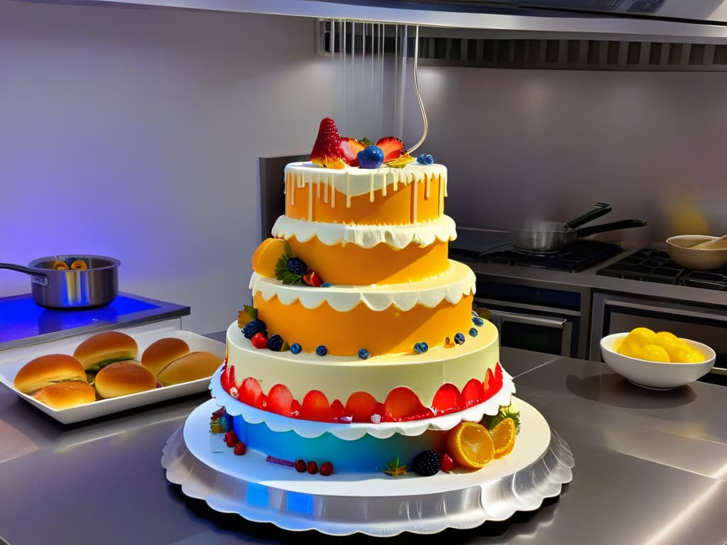  A minimalist and futuristic image of a holographic cake rotating in the air, with intricate details like layers of sponge, dripping glaze, and decorative toppings shimmering in vibrant colors under a soft, ethereal light. The background is a sleek, hightech kitchen setting with subtle hints of augmented reality elements subtly enhancing the baking experience. hyperrealistic, full body, detailed clothing, highly detailed, cinematic lighting, stunningly beautiful, intricate, sharp focus, f/1. 8, 85mm, (centered image composition), (professionally color graded), ((bright soft diffused light)), volumetric fog, trending on instagram, trending on tumblr, HDR 4K, 8K