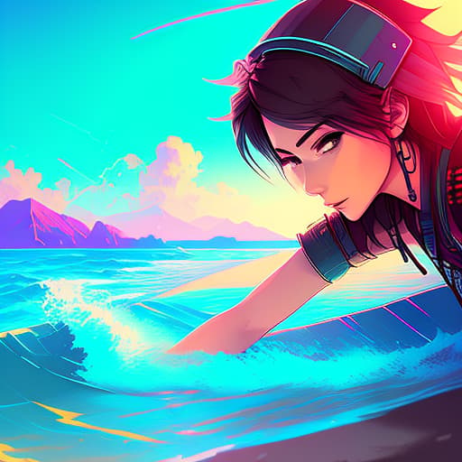 nvinkpunk nvinkpunk snthwve style nvinkpunk, woman waifu in in beach pose sea, high quality, highly detailed, intricate, sharp focus, (centered image composition), digital painting, concept art, smooth, illustration, 4K, 8K