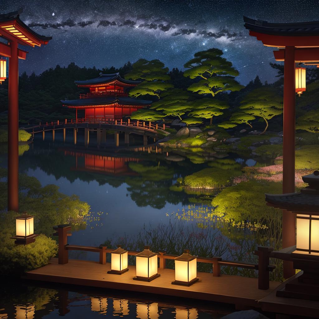  masterpiece, best quality,(fidelity: 1.4), best quality, masterpiece, ultra high resolution, 8k resolution, night view inspired by Japanese art, featuring a garden illuminated by paper lanterns and a wooden bridge spanning a tranquil lake with a small Zen temple by the lake. The water reflects the stars.