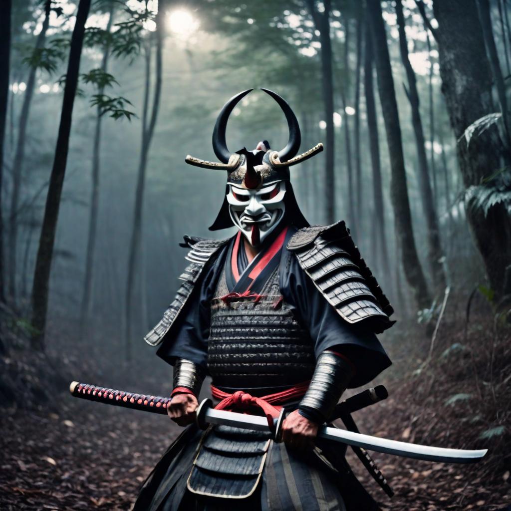  Realistically captured photograph of a {Samurai} wearing a fearsome {Oni Mask}, brandishing a blood-stained katana with an intense and bloodthirsty expression, deep in a dark and ominous forest. The scene is illuminated by the eerie glow of moonlight filtering through the dense foliage. The image should be highly detailed, showcasing the textures of the samurai's armor and the eerie glow of the oni mask. The camera shot is a medium shot, using an 85mm lens for a focused and immersive perspective. The resolution is 16K, ensuring a hyperrealistic portrayal of the scene. The lighting is natural, with a haunting atmosphere that enhances the bloodlust emanating from the samurai.  Camera: 85mm lens Resolution: 16K