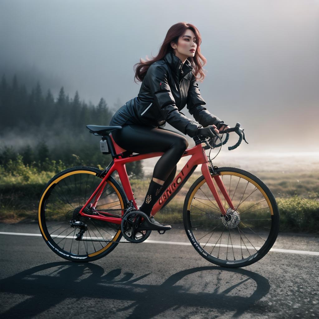  A girl is riding a bike hyperrealistic, full body, detailed clothing, highly detailed, cinematic lighting, stunningly beautiful, intricate, sharp focus, f/1. 8, 85mm, (centered image composition), (professionally color graded), ((bright soft diffused light)), volumetric fog, trending on instagram, trending on tumblr, HDR 4K, 8K