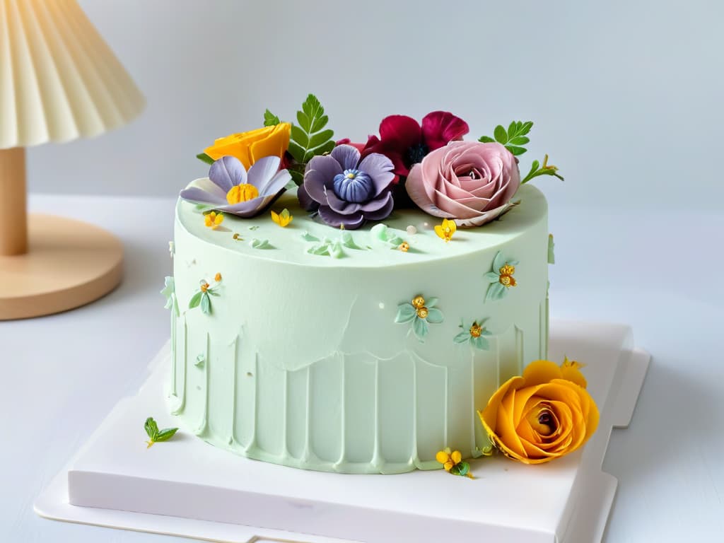  A stunning, ultradetailed image of an elegant threetiered vegan cake, meticulously decorated with intricately piped vegan buttercream flowers in pastel shades of pink, lavender, and mint green. The cake is adorned with delicate edible gold leaf accents, fresh berries, and edible flowers, all presented on a sleek marble cake stand against a clean, white background. The precision and artistry of the cake's design exude a sense of luxury and sophistication, appealing to the audience's desire for highquality vegan ingredients in upscale vegan baking. hyperrealistic, full body, detailed clothing, highly detailed, cinematic lighting, stunningly beautiful, intricate, sharp focus, f/1. 8, 85mm, (centered image composition), (professionally color graded), ((bright soft diffused light)), volumetric fog, trending on instagram, trending on tumblr, HDR 4K, 8K