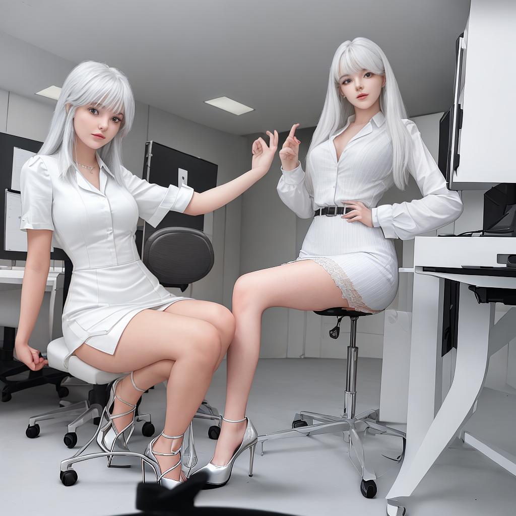  masterpiece, best quality, Prompt: a modern and flirty Young 23-year-old women with silver white hair showing off her legs and heels Wearing a mini dress in her bosses office. He is kneeling to help her with her feet. Negative prompt: poorly drawn, bad composition, low quality, out of focus, bad-hands-5, bad anatomy, extra limbs