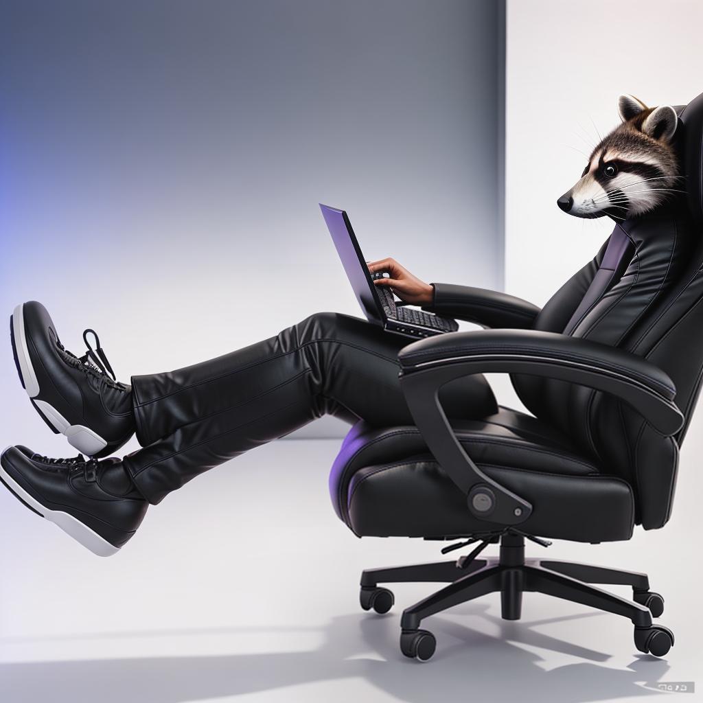  raccoon sitting in gaming chair front a computer on desktop, ((semi anthropomorphic)),(full body), tail, belly, sitting, fat, (chubby), (((white background))), solo, desktop, gaming chair, side view,  [[[clothes]]] hyperrealistic, full body, detailed clothing, highly detailed, cinematic lighting, stunningly beautiful, intricate, sharp focus, f/1. 8, 85mm, (centered image composition), (professionally color graded), ((bright soft diffused light)), volumetric fog, trending on instagram, trending on tumblr, HDR 4K, 8K