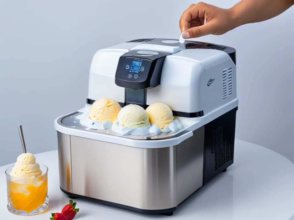  An ultradetailed image of a stainless steel ice cream maker churning a rich and creamy mixture of vanilla bean ice cream, with smooth lines and a sleek design that embodies precision and professionalism. The machine stands out against a clean, white background, highlighting its simplicity and elegance in a minimalist style perfect for a professional and informative article on ice cream and sorbet techniques. hyperrealistic, full body, detailed clothing, highly detailed, cinematic lighting, stunningly beautiful, intricate, sharp focus, f/1. 8, 85mm, (centered image composition), (professionally color graded), ((bright soft diffused light)), volumetric fog, trending on instagram, trending on tumblr, HDR 4K, 8K