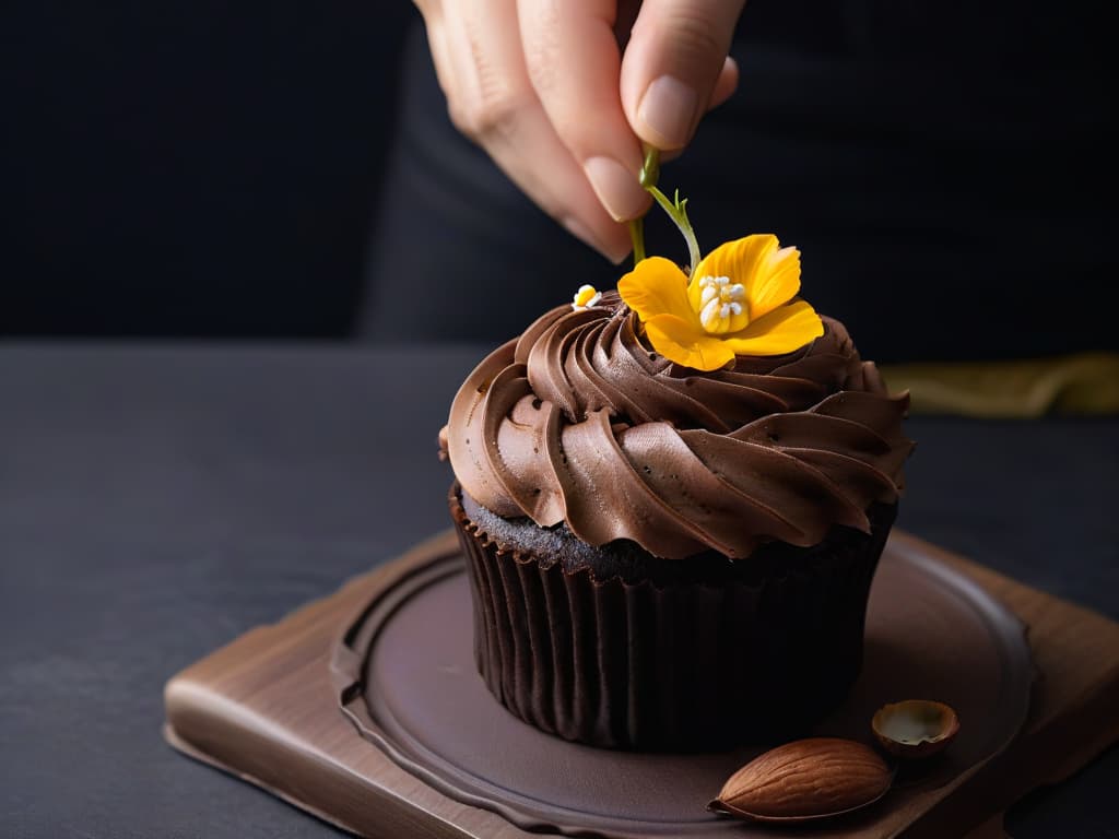  A closeup, ultradetailed image of a hand holding a perfectly crafted cupcake topped with intricate swirls of fair trade chocolate frosting, garnished with delicate edible flowers and finely chopped sustainably sourced nuts, set against a sleek, matte black backdrop. The frosting glistens under soft lighting, showcasing the meticulous details and artistry that go into sustainable baking practices. hyperrealistic, full body, detailed clothing, highly detailed, cinematic lighting, stunningly beautiful, intricate, sharp focus, f/1. 8, 85mm, (centered image composition), (professionally color graded), ((bright soft diffused light)), volumetric fog, trending on instagram, trending on tumblr, HDR 4K, 8K