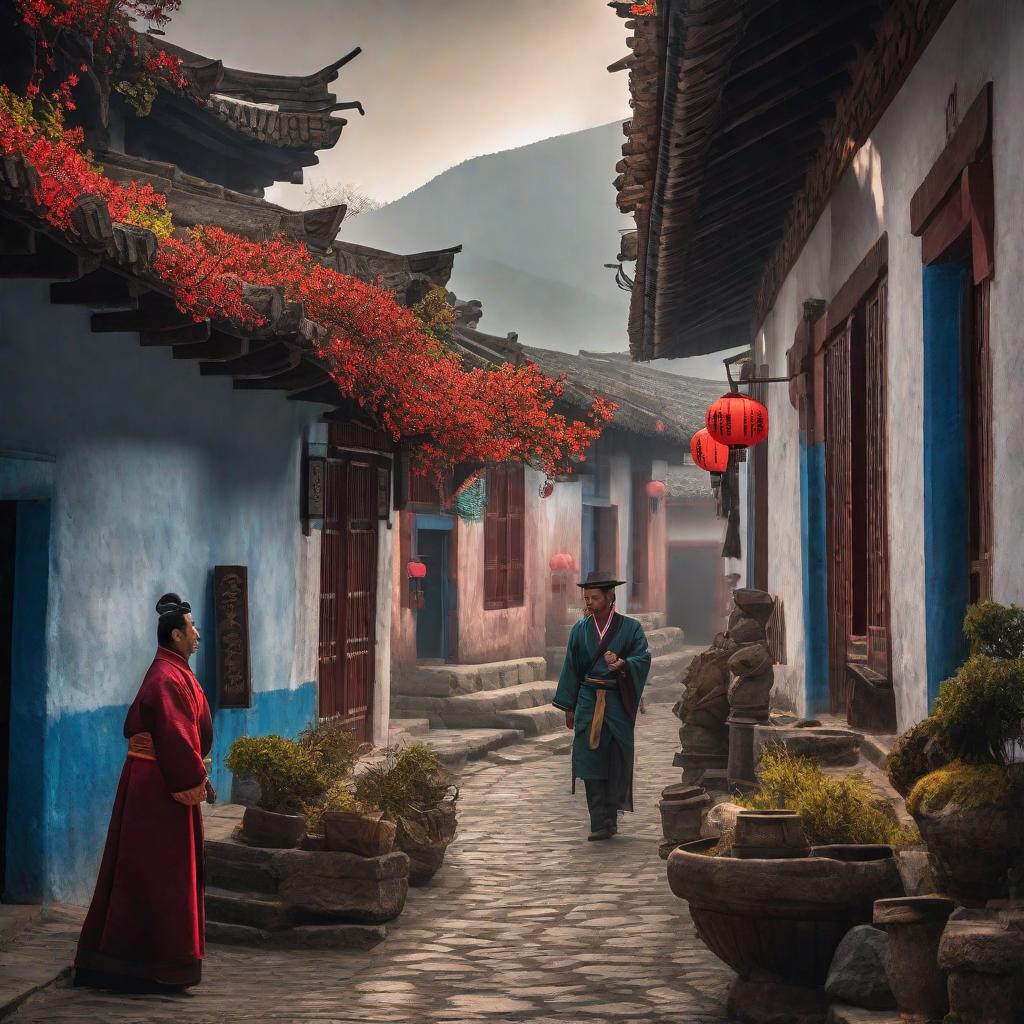  Pueblo antigua china rura hyperrealistic, full body, detailed clothing, highly detailed, cinematic lighting, stunningly beautiful, intricate, sharp focus, f/1. 8, 85mm, (centered image composition), (professionally color graded), ((bright soft diffused light)), volumetric fog, trending on instagram, trending on tumblr, HDR 4K, 8K