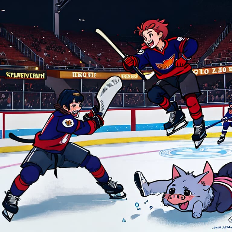  Digital ilration of two different characters. One of them is a cute  female pig, another is a male giant ugly cat with beard and in a hockey uniform. They are fighting and laughing