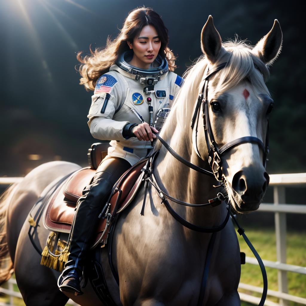  A photograph of an astronaut riding a horse hyperrealistic, full body, detailed clothing, highly detailed, cinematic lighting, stunningly beautiful, intricate, sharp focus, f/1. 8, 85mm, (centered image composition), (professionally color graded), ((bright soft diffused light)), volumetric fog, trending on instagram, trending on tumblr, HDR 4K, 8K