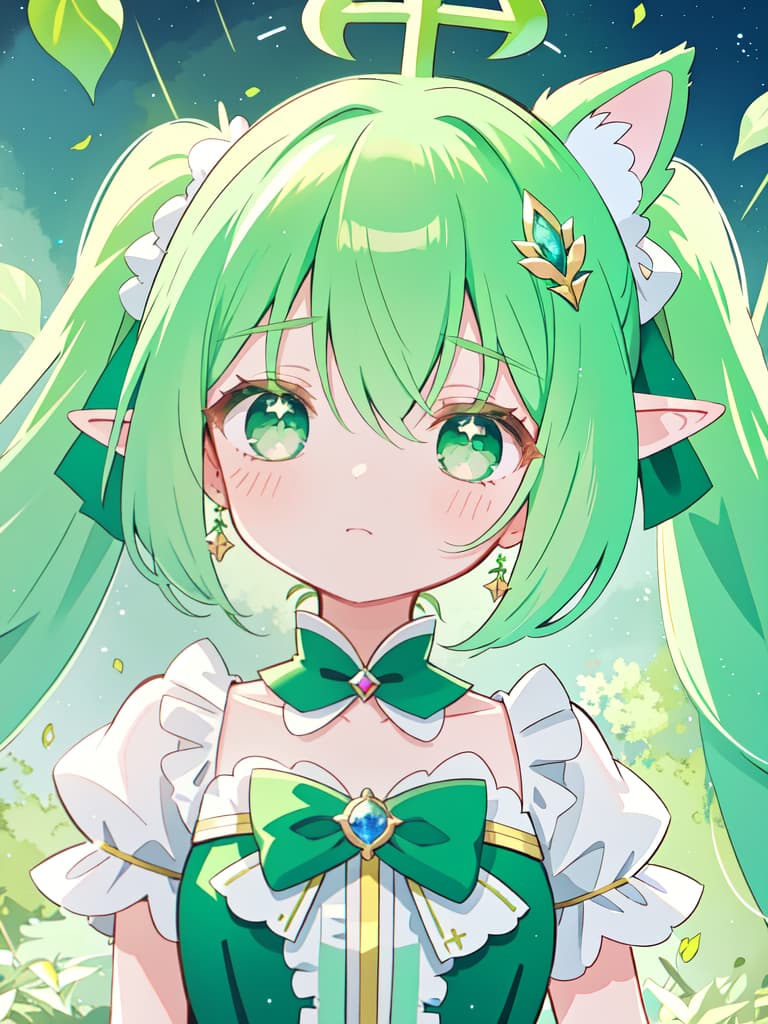  Green haired character's magical girl's appearance of a magical girl, the elf ears, twin tails, all the time, masterpiece, best quality,8k,ultra detailed,high resolution,an extremely delicate and beautiful,hyper detail