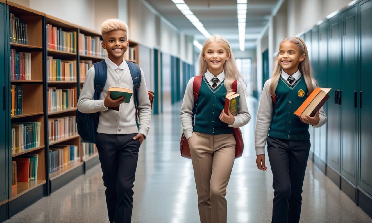  Two schoolchildren with light colored eyes and light colored hair happily stand in the school corridor with books. hyperrealistic, full body, detailed clothing, highly detailed, cinematic lighting, stunningly beautiful, intricate, sharp focus, f/1. 8, 85mm, (centered image composition), (professionally color graded), ((bright soft diffused light)), volumetric fog, trending on instagram, trending on tumblr, HDR 4K, 8K