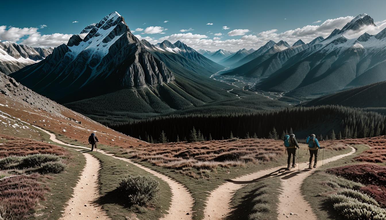  digital illustration, A mountain trail, two figures geared up for a hike, mid step capturing dynamism, backdrop of rugged terrain and scenic beauty, detailed landscape elements, sense of adventure and shared journey, looking at viewer, dynamic pose, (intricate details, masterpiece, best quality)