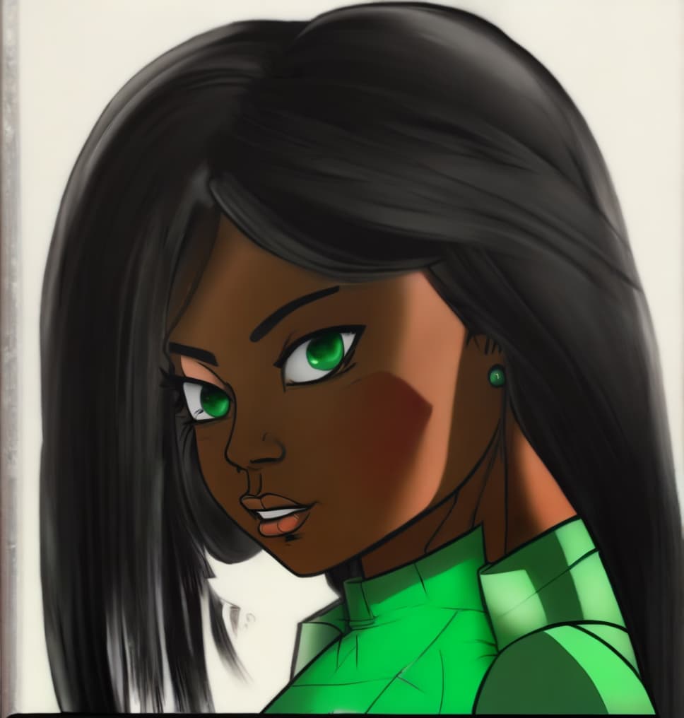  dark skinned kelly hu wearing a green sleeveless dress with green eyes drawn in the style of steven universe