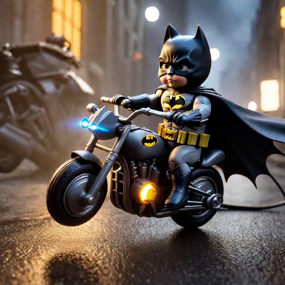  ((Masterpiece, best quality)), (extremely detailed 8k), (photorealistic), beautiful lighting, best quality, realistic, real picture, intricate details, Beautiful lighting, RAW photo, film grain, full body ((photo of a baby cat dressed as batman)), in a scenario of nuclear destruction, riding the batbike,