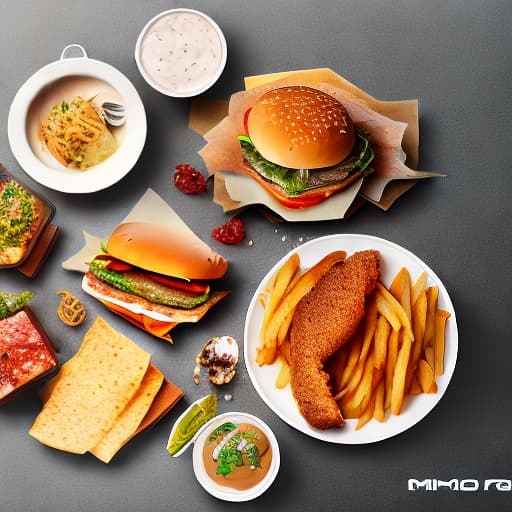 mdjrny-v4 style food menu, 4k, HD4R, fries, burger, sandwiches,