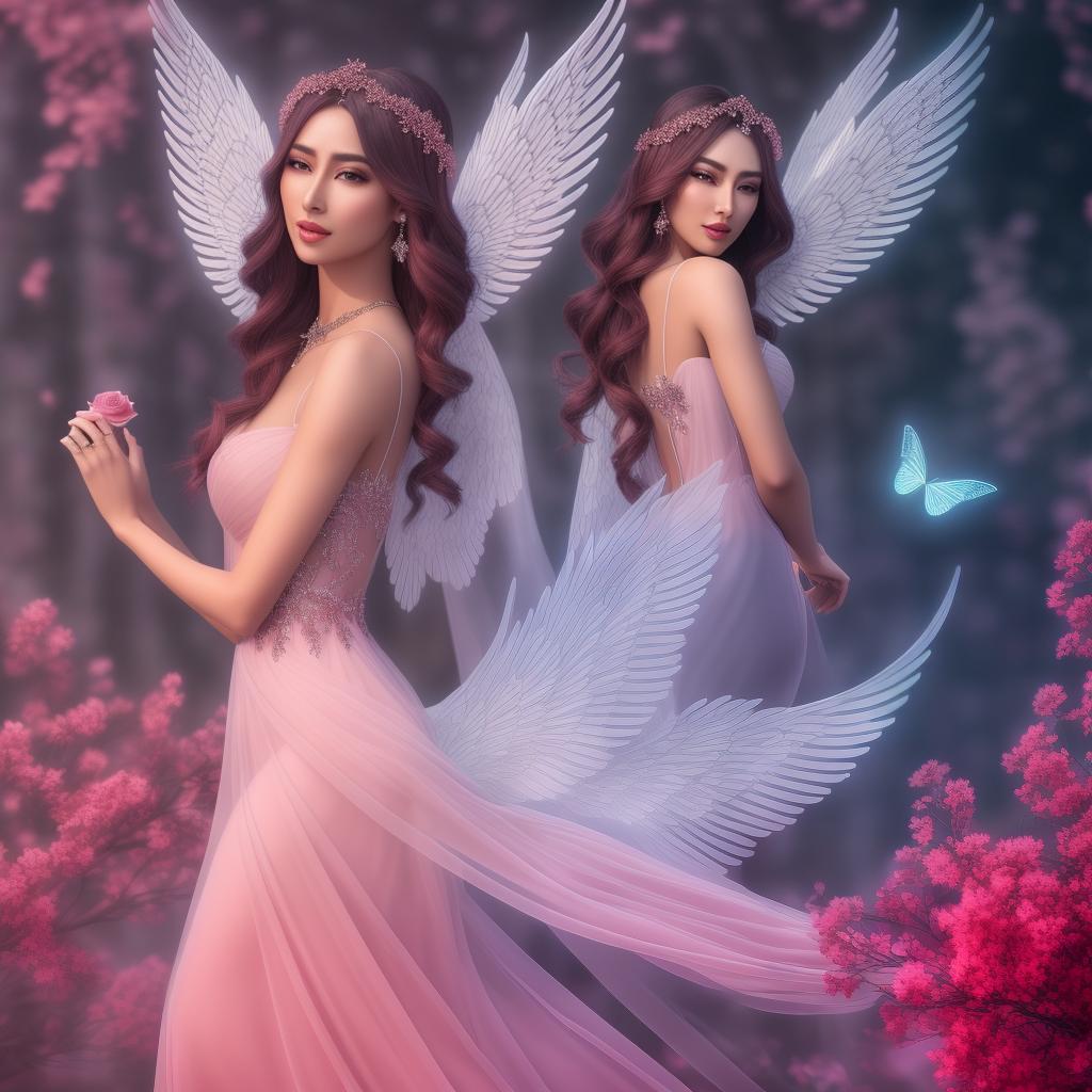  Create a 32k ultra-high-detail image of an ethereal being with delicate wings, a glowing halo. She wears beautiful translucent red dress decorated with ruby and jewelry. She holds a radiant rose, surrounded by a mystic forest backdrop. Her celestial aura should be captured in a photorealistic style, making it a clear, vivid masterpiece., fantasy art, hyper detailed, beautiful, (high detailed skin:1.2), 8k uhd, dslr, soft lighting, high quality, film grain, Fujifilm XT3 hyperrealistic, full body, detailed clothing, highly detailed, cinematic lighting, stunningly beautiful, intricate, sharp focus, f/1. 8, 85mm, (centered image composition), (professionally color graded), ((bright soft diffused light)), volumetric fog, trending on instagram, trending on tumblr, HDR 4K, 8K