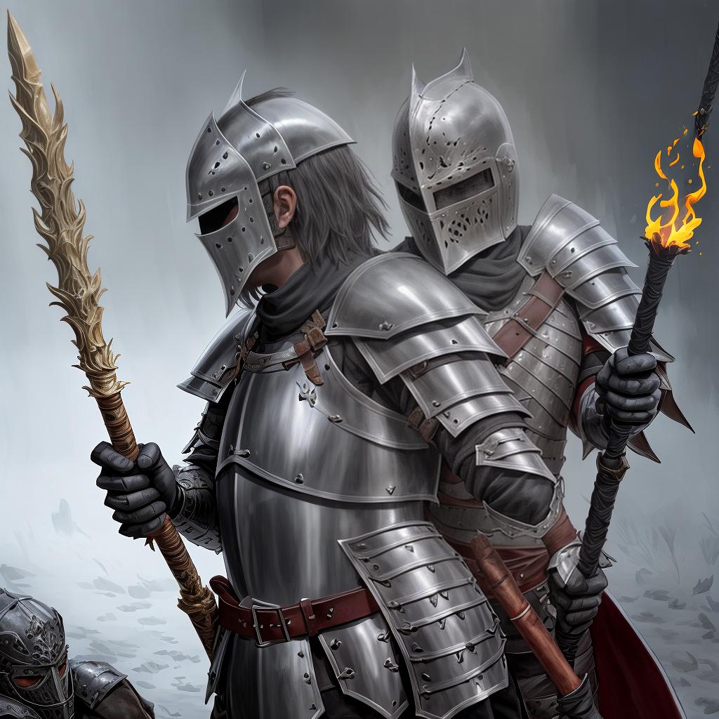  knight, leather armor, man, weapon torch and stick,