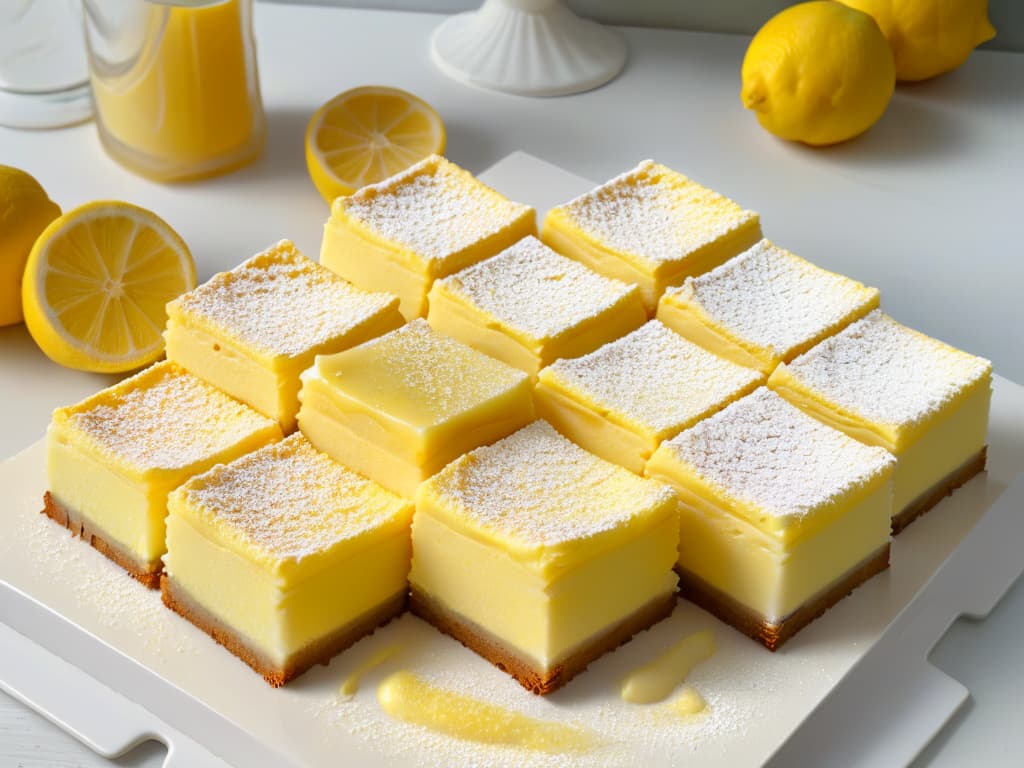  A closeup, ultradetailed image of a freshly baked batch of lemon bars on a sleek, modern serving platter. The bars are perfectly goldenbrown with a dusting of powdered sugar on top, showcasing a crumbly crust and a smooth, tangy lemon filling. The lighting is soft, emphasizing the texture and inviting color contrast between the bright yellow lemon curd and the white powdered sugar. hyperrealistic, full body, detailed clothing, highly detailed, cinematic lighting, stunningly beautiful, intricate, sharp focus, f/1. 8, 85mm, (centered image composition), (professionally color graded), ((bright soft diffused light)), volumetric fog, trending on instagram, trending on tumblr, HDR 4K, 8K