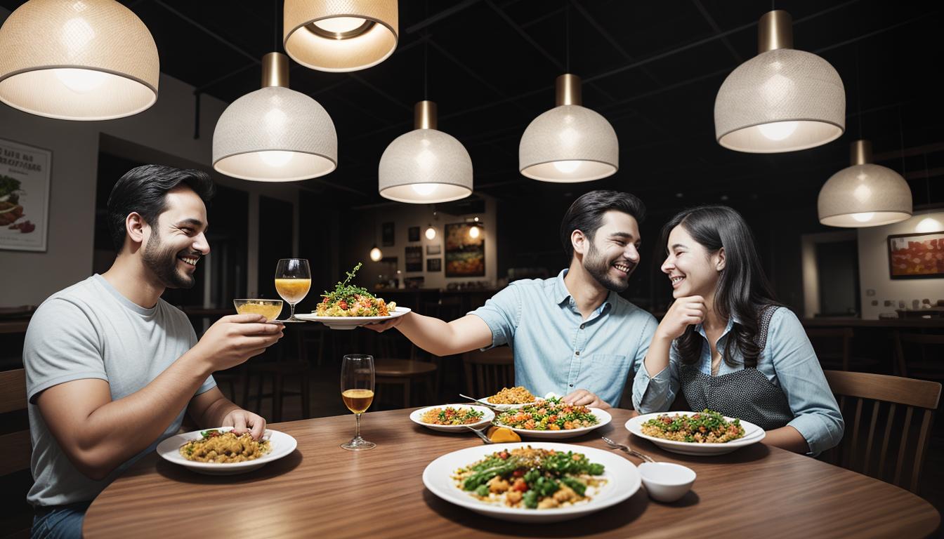  digital illustration, Couple having an enjoyable meal, colorful vegetarian dishes on table, warm lighting, pleasant ambiance, cooperative, consideration, looking at viewer, dynamic pose, (intricate details, masterpiece, best quality)