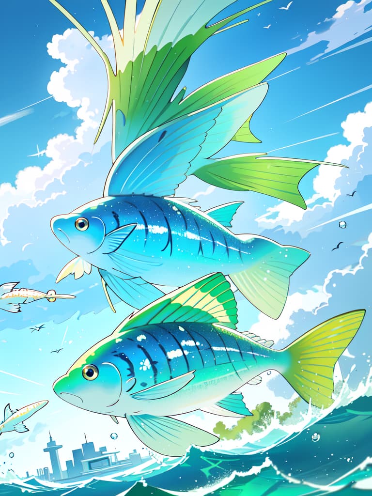  Sky fish for green hair characters, masterpiece, best quality,8k,ultra detailed,high resolution,an extremely delicate and beautiful,hyper detail