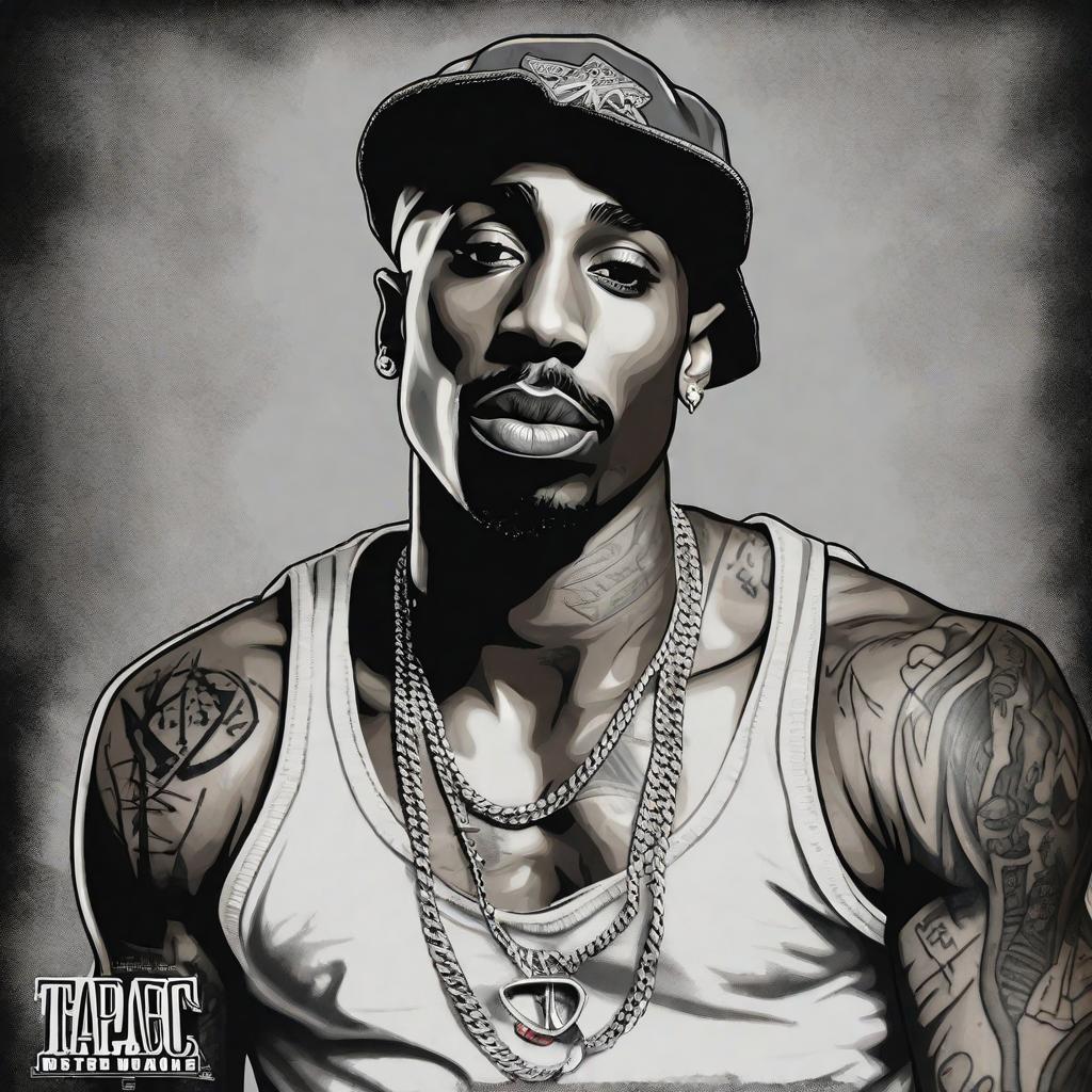  masterpiece, best quality, Description: A highly detailed, realistic black and grey tattoo of Tupac Shakur, capturing his iconic look and the essence of his legacy. The design should reflect his deep connection to hip-hop culture and his influential role as a voice for social justice. Details to Include: A lifelike representation of Tupac's face, focusing on his intense, thoughtful expression. Include his signature bandana tied in the front, with intricate shading to show the folds and texture. Capture his distinctive nose ring and any other recognizable facial features. Tupac's bare chest, showcasing his "Thug Life" tattoo across his abdomen. Add detail to his muscular physique, with attention to the shadows and highlights that bring th