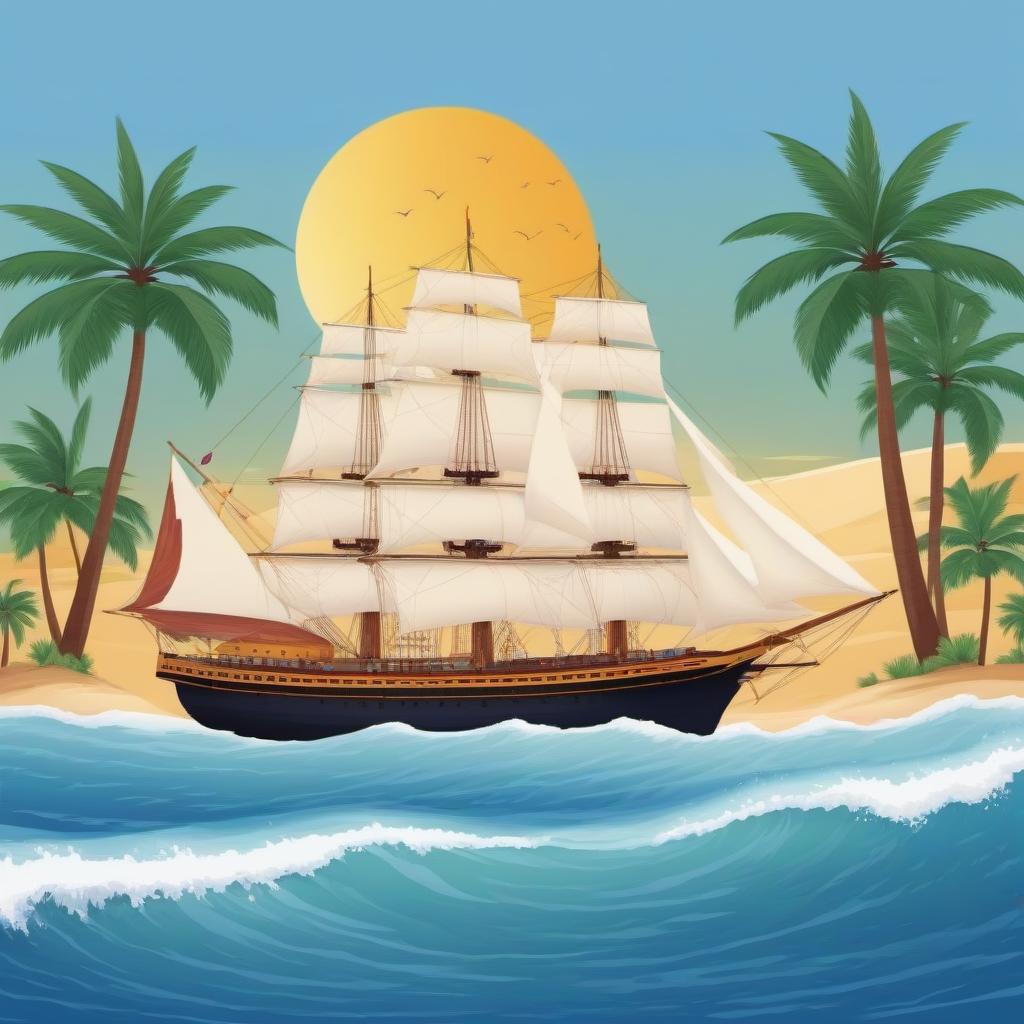  A sailing ship near the shore with yellow sand and palm trees on blue waves