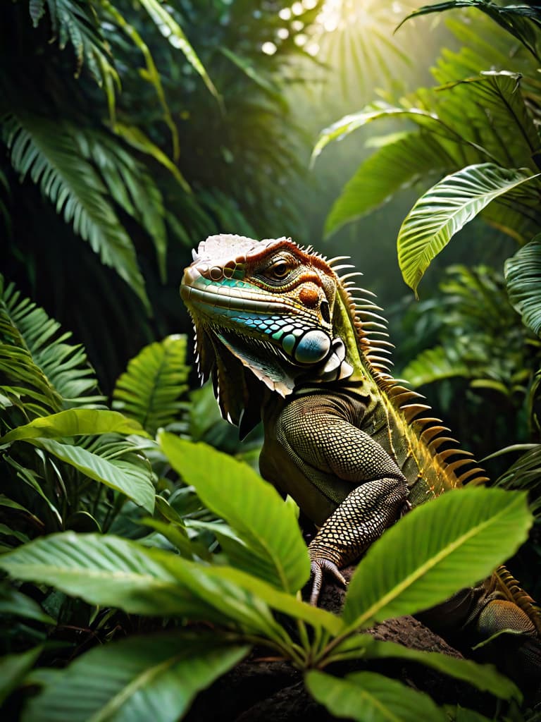  Animalfocus, nature shot with wide shot of a dark jungle scene,face of a iguana hiding between the bushes,nightfall,dimmly lit,intense gaze,tension,perfect composition,masterpiece,best quality, hyperrealistic, full body, detailed clothing, highly detailed, cinematic lighting, stunningly beautiful, intricate, sharp focus, f/1. 8, 85mm, (centered image composition), (professionally color graded), ((bright soft diffused light)), volumetric fog, trending on instagram, trending on tumblr, HDR 4K, 8K