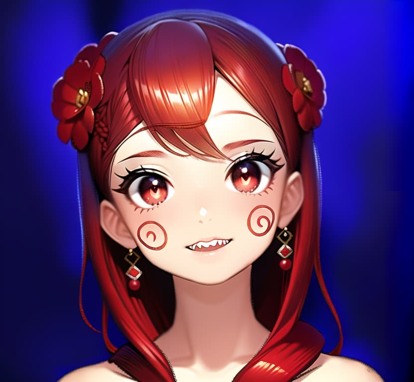  Swirled cheeks, red short hair, flower decoration on the left of the head, large red ribbon hair ornaments on the right of the head, dentures like Kiba, large eyes, cheerful, cute, pop clothes, (Masterpiece, BestQuality:1.3), (ultra detailed:1.2), (hyperrealistic:1.3), (RAW photo:1.2),High detail RAW color photo, professional photograph, (Photorealistic:1.4), (realistic:1.4), ,professional lighting, (japanese), beautiful face, (realistic face)