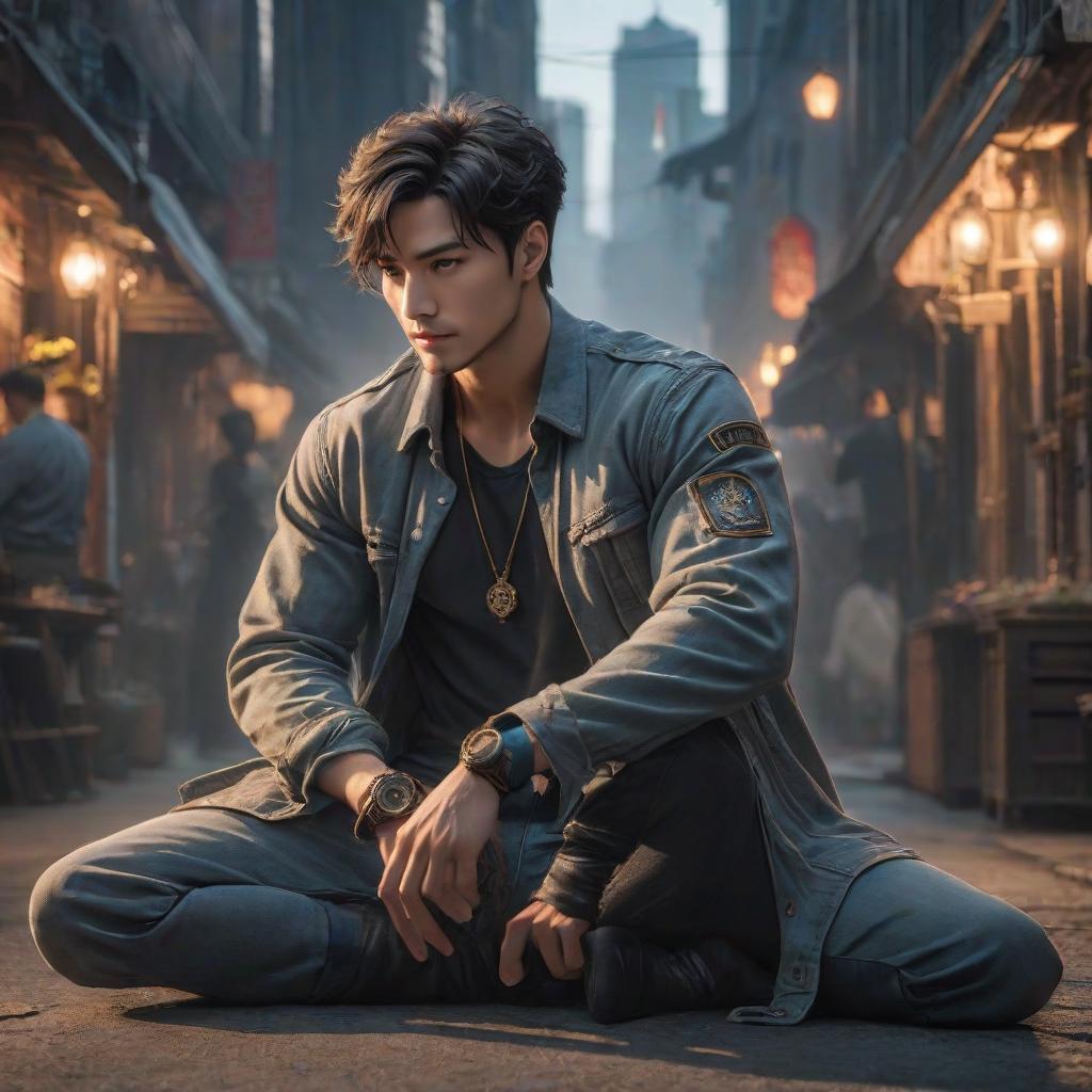  A guy, with his feet together, is sitting, leaning back with his hands, slightly turned to the side. hyperrealistic, full body, detailed clothing, highly detailed, cinematic lighting, stunningly beautiful, intricate, sharp focus, f/1. 8, 85mm, (centered image composition), (professionally color graded), ((bright soft diffused light)), volumetric fog, trending on instagram, trending on tumblr, HDR 4K, 8K