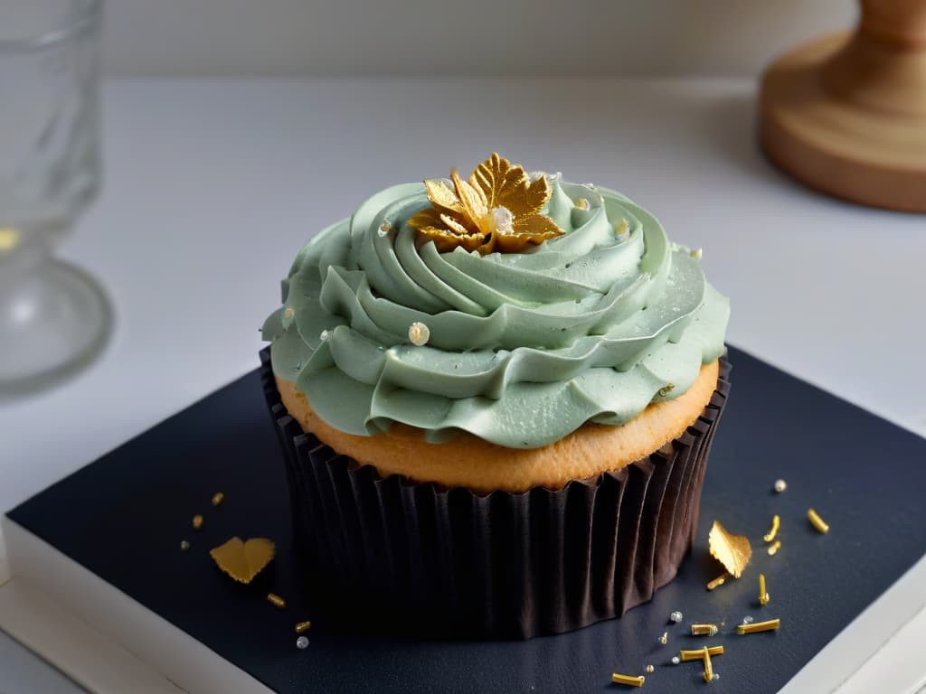  A closeup, ultradetailed shot of a perfectly frosted cupcake, delicately adorned with edible gold flakes, resting on a sleek, matte black surface. The frosting is swirled elegantly and dusted with a light sprinkle of pastelcolored sugar crystals, creating a truly tempting and visually striking image. The lighting is soft and focused, emphasizing the intricate details of the cupcake's decoration, while the background remains blurred to keep the focus solely on the delectable treat. hyperrealistic, full body, detailed clothing, highly detailed, cinematic lighting, stunningly beautiful, intricate, sharp focus, f/1. 8, 85mm, (centered image composition), (professionally color graded), ((bright soft diffused light)), volumetric fog, trending on instagram, trending on tumblr, HDR 4K, 8K