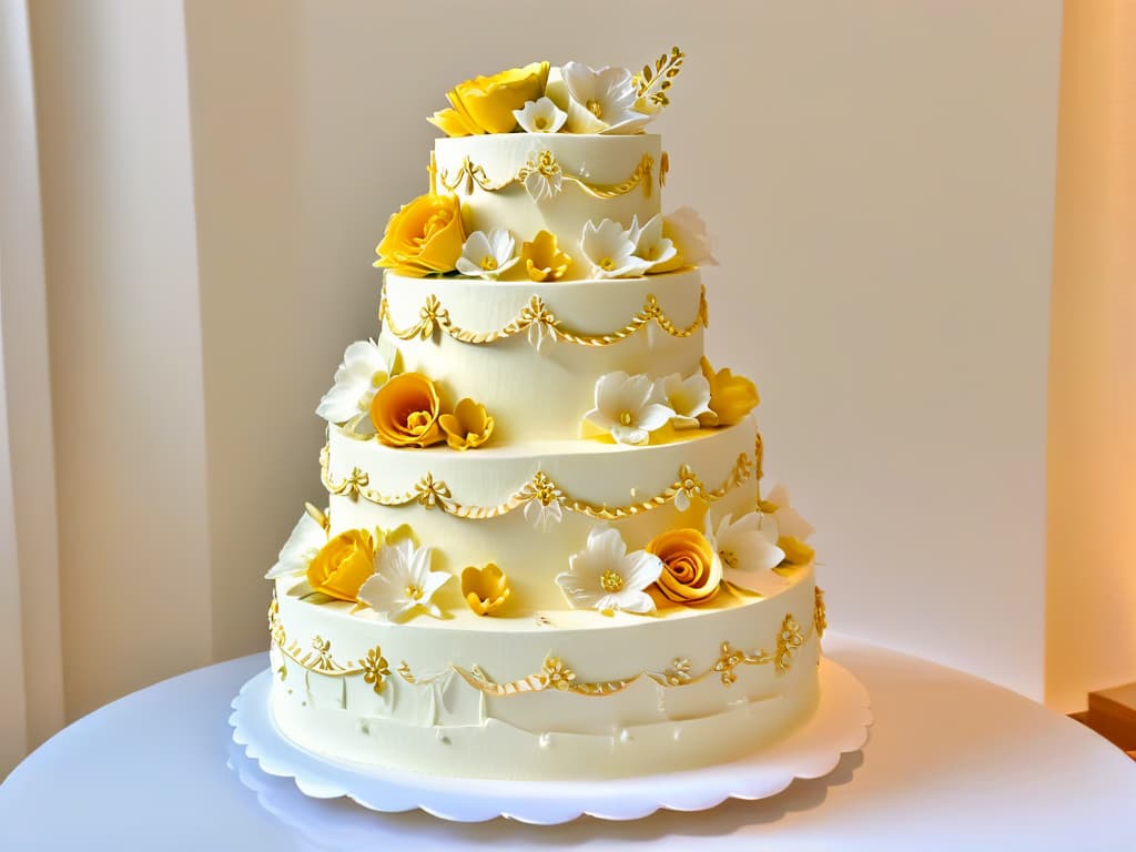  A highresolution image of a beautifully decorated multitiered cake sitting on a simple, elegant white cake stand. The cake features intricate piping details, delicate sugar flowers, and gold leaf accents. The background is a soft, blurred pastel color to keep the focus solely on the exquisite cake design. hyperrealistic, full body, detailed clothing, highly detailed, cinematic lighting, stunningly beautiful, intricate, sharp focus, f/1. 8, 85mm, (centered image composition), (professionally color graded), ((bright soft diffused light)), volumetric fog, trending on instagram, trending on tumblr, HDR 4K, 8K