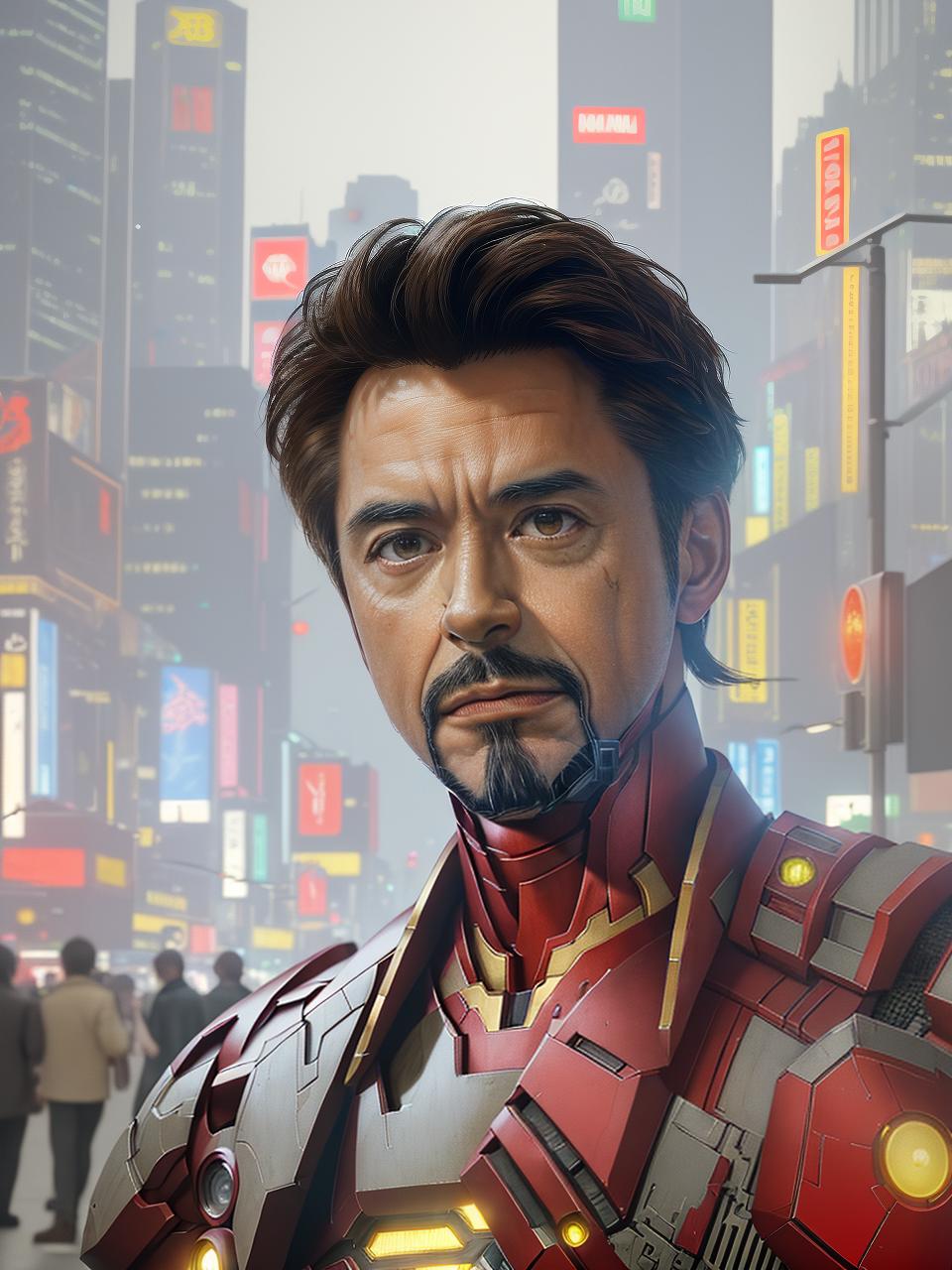  masterpiece, best quality, Best quality, masterpiece, 8k resolution, realistic, highly detailed, close up of Iron Man. In a cyberpunk style night scene of the city, he stands on a street lined with tall buildings. The city's night lights are bright, The surrounding buildings and streets are filled with cyberpunk elements such as neon lights, high tech devices, and futuristic architectural designs.