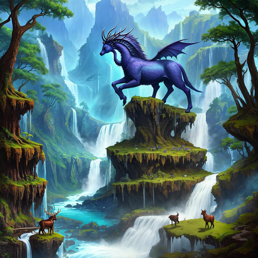  in a fantasy setting, Paint a surreal landscape where mythical beasts roam amidst cascading waterfalls.