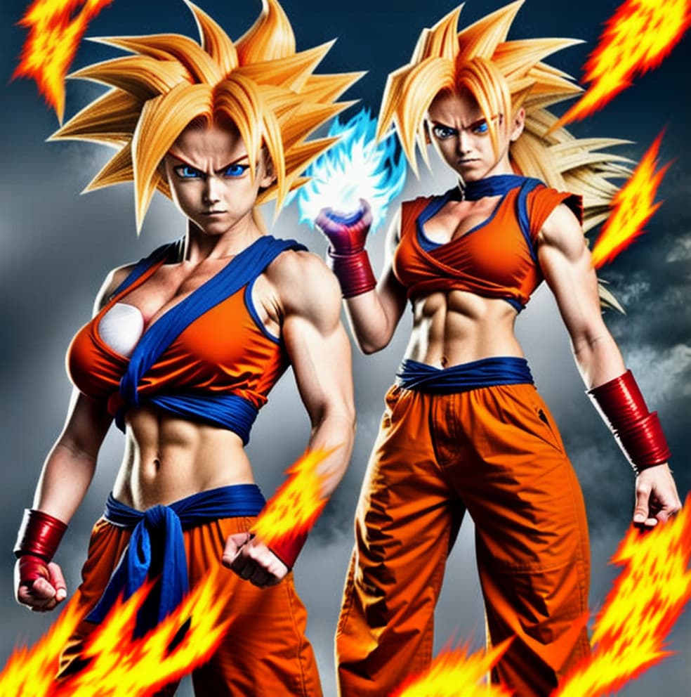  Female super sayan, red goku kostüm. Cute body. Sayan hair, fire eyes, fire hands, high resolution