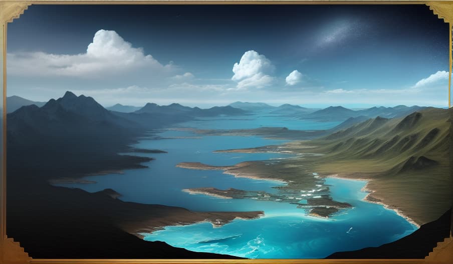  masterpiece, best quality, a map of sky, earth and sea, please redraw the reference map, keeping only the ocean, land, mountains, sky and clouds in the picture; the land mountains are on the left, and the ocean occupies most of the space; bright HD map during the day